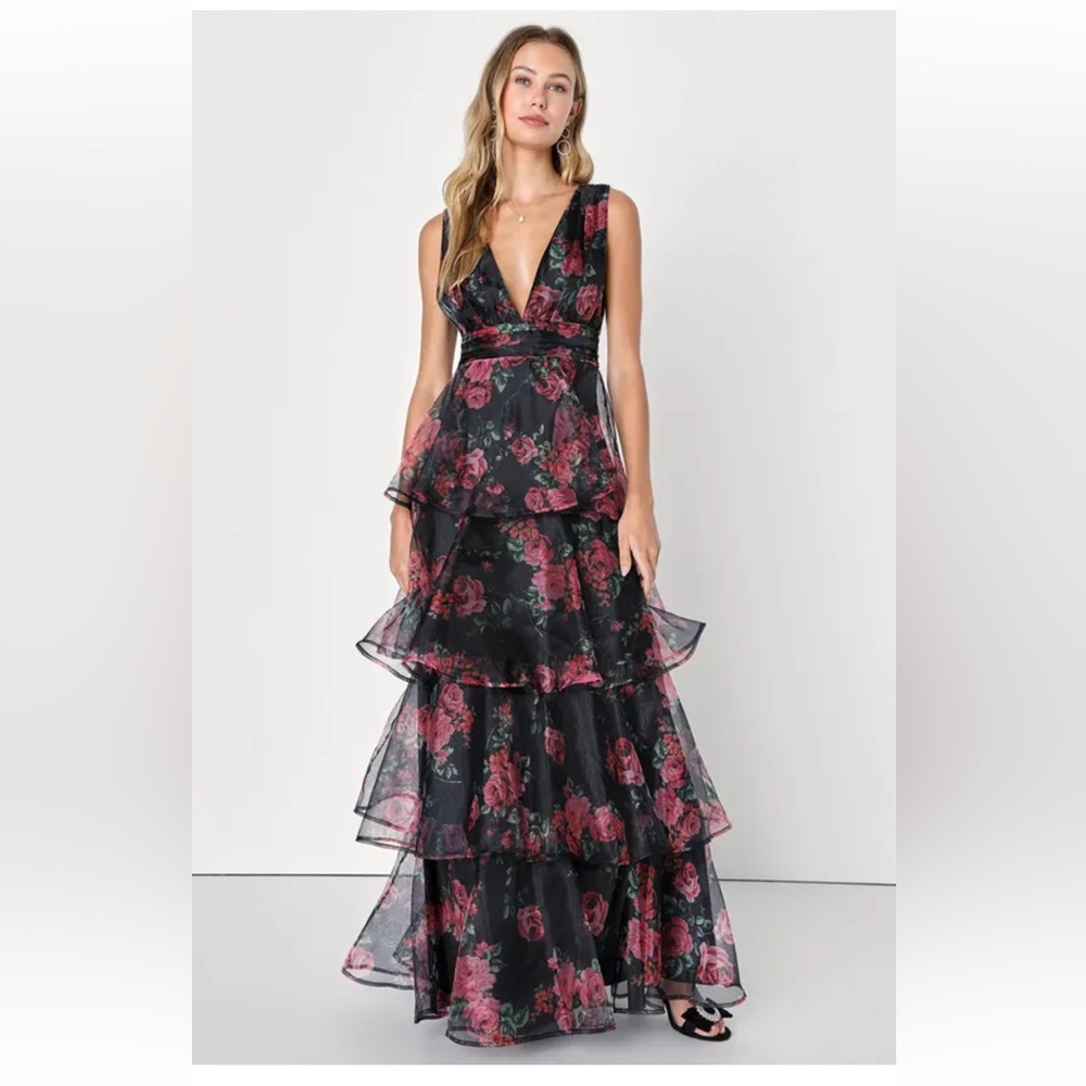 Lulus Floral Black and Pink Layered Dress